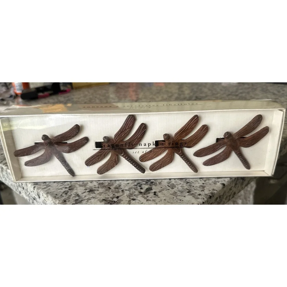 Set of 4 Pier 1 Imports Cast Iron Dragonfly Napkin Rings in Box
